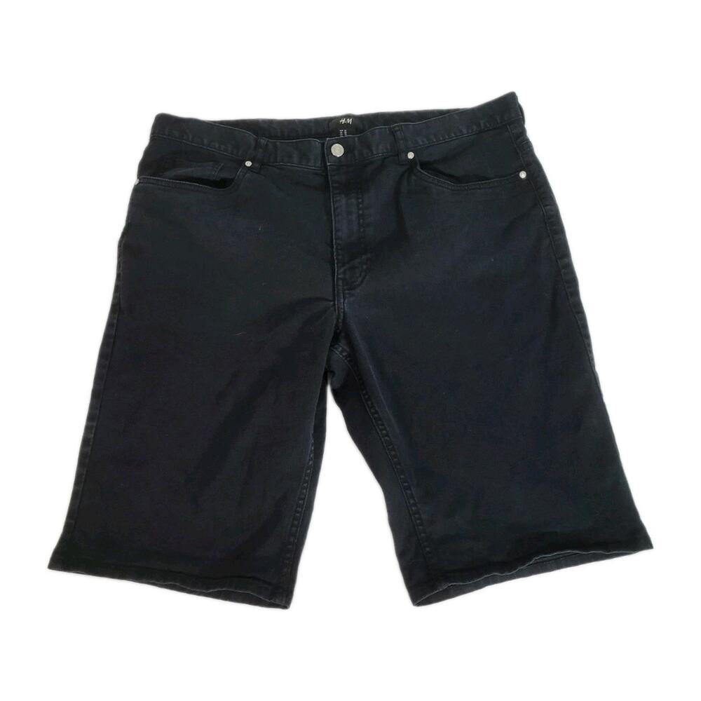 H&M Denim Shorts Black Reg Fit Sz 36 Knee Length Stretch 'Broken in'